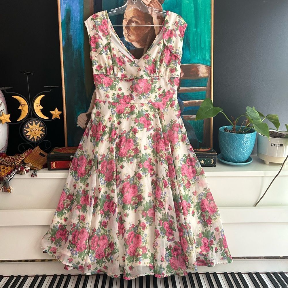 Vintage-Inspired White Floral Fit & Flare Dress with Pink Roses